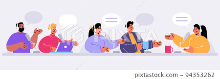 Radio podcast hosts characters sitting at desks Radio podcast hosts characters sitting at desks 94353262