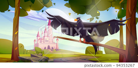 Black eagle over landscape with pink magic castle 94353267