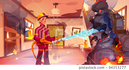 Firefighter extinguish fire in house room interior 94353277