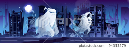 Spooky ghosts in destroyed abandoned city at night 94353279