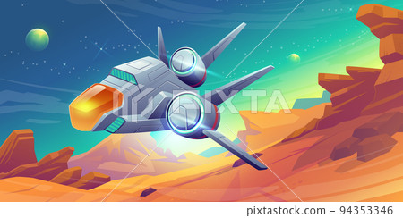 Spaceship take off from alien planet, shuttle Spaceship take off from alien planet, shuttle 94353346