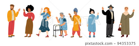 Diverse people say hello, greeting, waving hands Diverse people say hello, greeting, waving hands 94353375