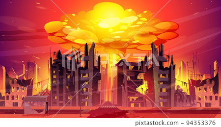 Nuclear war explosion mushroom rising up in city Nuclear war explosion mushroom rising up in city 94353376