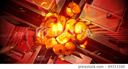 Nuclear explosion in city top view, fiery mushroom Nuclear explosion in city top view, fiery mushroom 94353380