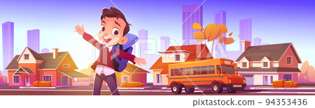 Happy boy waiting school bus in city suburb Happy boy waiting school bus in city suburb 94353436