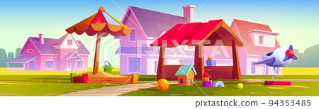 Kids playground at suburb with cottages, park 94353485