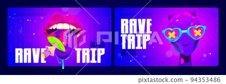 Rave trip banners with psychedelic illustrations Rave trip banners with psychedelic illustrations 94353486