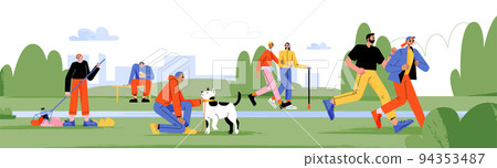 People walking, jogging, clean trash in park 94353487