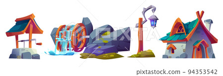 Fairy tale village, gnome house, water mill, well 94353542