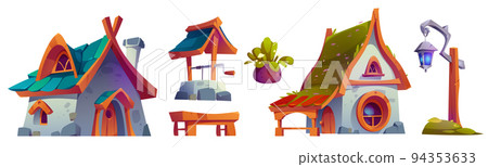 Gnome village with fantasy houses and water well Gnome village with fantasy houses and water well 94353633