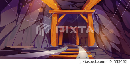 Mine tunnel inside view, cave with railway, rocks 94353662