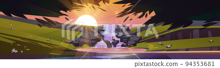 Waterfall cascade in forest at sunset time, vector 94353681