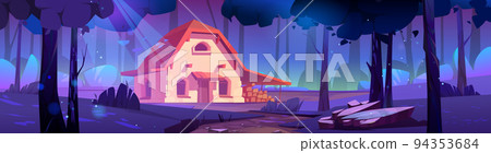 Cottage in night forest, stone house 2d background 94353684