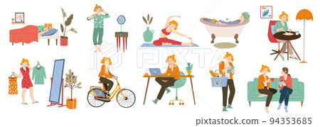Woman daily routines with work, sleep and shop 94353685
