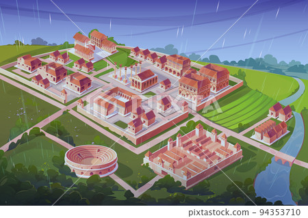Ancient roman city on river coast in rain 94353710
