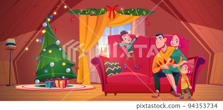 Happy family celebrate Christmas in chalet house 94353734
