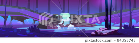 Summer forest with cascade waterfall at night 94353745