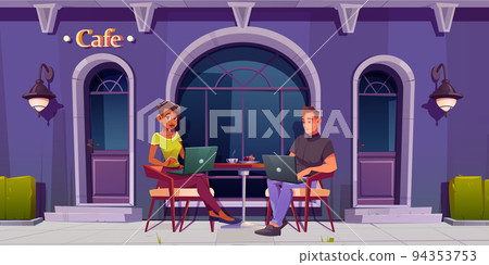 Man and woman work on laptops sitting in cafe Man and woman work on laptops sitting in cafe 94353753