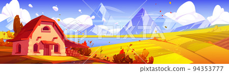 Countryside autumn panorama with stone farm house Countryside autumn panorama with stone farm house 94353777