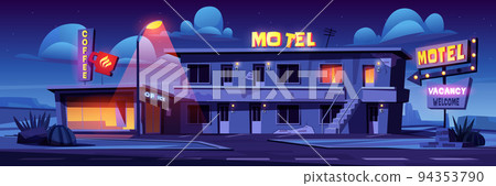 Motel at night highway roadside, building facade 94353790