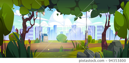 Old city park with green trees, lantern, trash bin 94353800