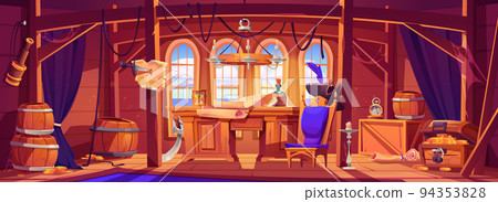 Pirate capitan ship cabin, wooden room interior 94353828