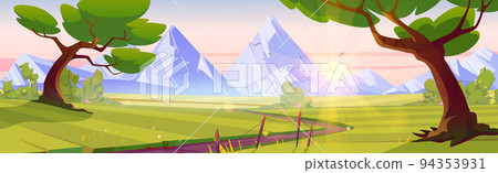 Cartoon nature landscape early morning background Cartoon nature landscape early morning background 94353931
