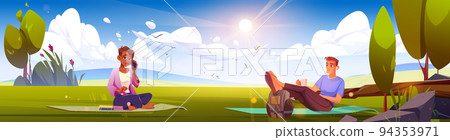 People sitting on lawn in sunny park, cartoon 94353971