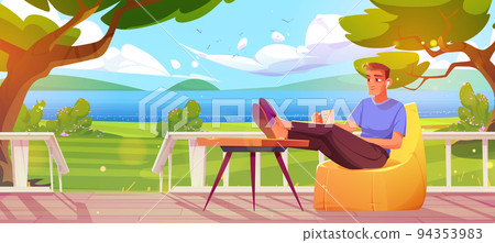 Man with coffee cup and earpods relax on terrace Man with coffee cup and earpods relax on terrace 94353983