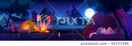 Summer camp with tent with sleeping woman 94353996