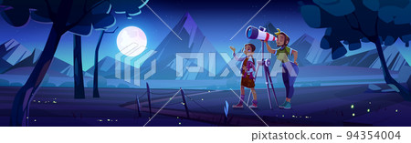 Woman with daughter look in telescope, astronomy 94354004
