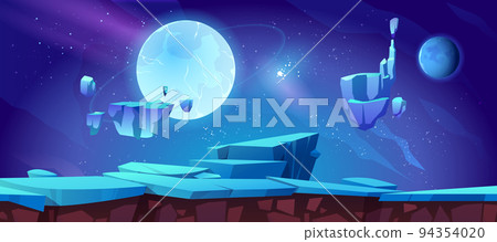 Night landscape with neon moon and rocky cliffs 94354020