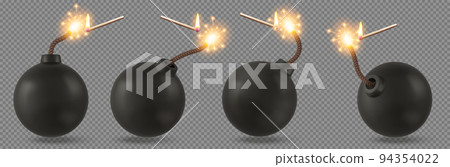 Black bombs with burning fuse, matches with fire Black bombs with burning fuse, matches with fire 94354022