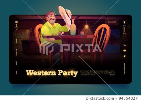 Western party banner with cowboy in old saloon Western party banner with cowboy in old saloon 94354027