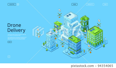 Drone delivery isometric landing page, quadcopters Drone delivery isometric landing page, quadcopters 94354065