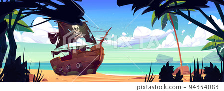 Pirate ship on tropical island beach with palms Pirate ship on tropical island beach with palms 94354083