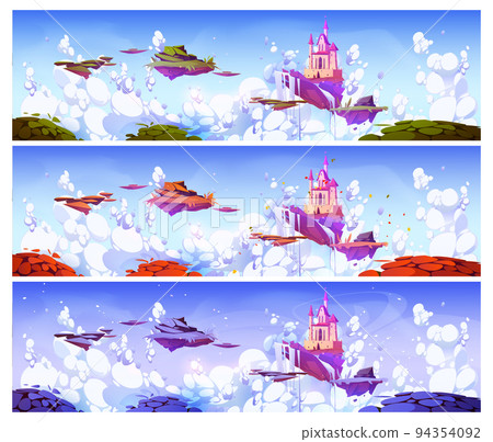 Pink magic castle on floating island in cloudy sky 94354092