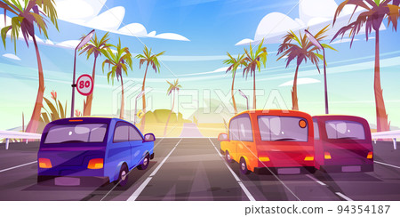 Cars on road, tropical palms cartoon illustration 94354187