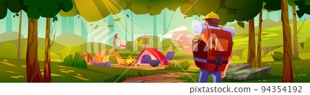 Man traveler in forest with camp 94354192