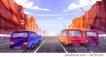 Cars driving road with cartoon rocky mountains 94354193