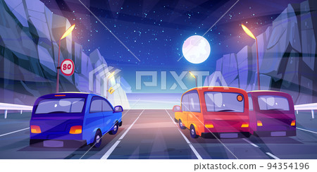 Cars driving at night mountain highway rear view 94354196