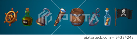 Pirate icons with black flag, anchor and spyglass Pirate icons with black flag, anchor and spyglass 94354242