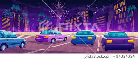 Cars driving at night city highway with palm trees Cars driving at night city highway with palm trees 94354354