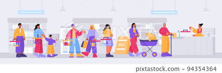 People queue in eco shop. Customers with carts 94354364