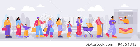 People queue stand at street cafe to buy hotdog People queue stand at street cafe to buy hotdog 94354382