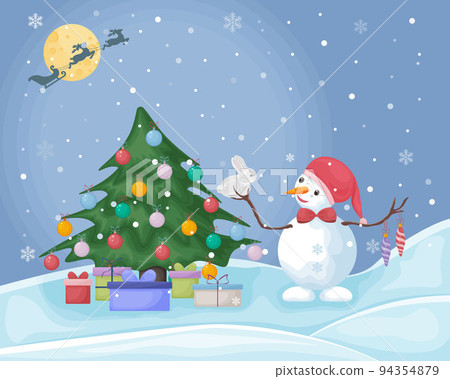 A snowman near the Christmas tree. Cute Christmas illustration with a picture of a snowman standing near a Christmas tree with gifts and holding a white rabbit in his hands. Vector illustration 94354879