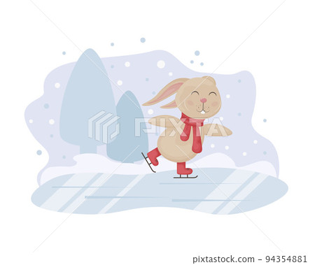 Rabbit. Winter illustration with the image of a cute rabbit skating. Rabbit on ice. Children s Christmas illustration. Vector 94354881