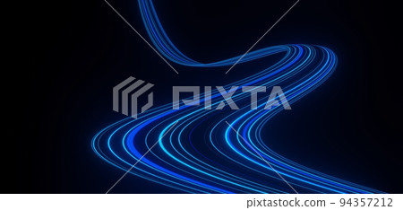 3d render of flash neon and light glowing on dark scene. Speed light moving lines. 94357212