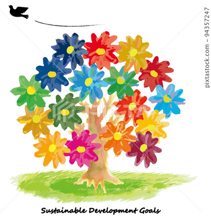 SDGs 17 color watercolor flowers and doves of peace SDGs 17 color watercolor flowers and doves of peace 94357247