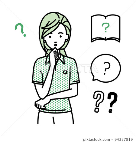 A woman in a polo shirt who stands and puts her hand on her chin and feels doubts Set of question marks A woman in a polo shirt who stands and puts her hand on her chin and feels doubts Set of question marks 94357819